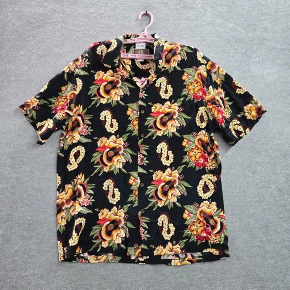 VINTAGE Kalaheo Men Button Shirt L Black Floral Snakes Guitar 90s